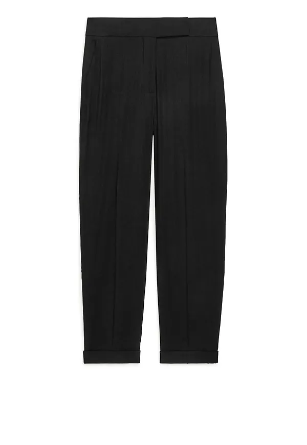 Tapered Linen Blend Trousers - Black