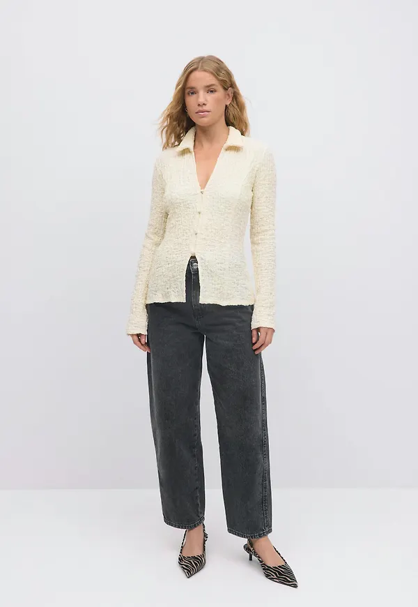 Gina Tricot - Textured collar top - Långärmade toppar - beige - XS - Dam