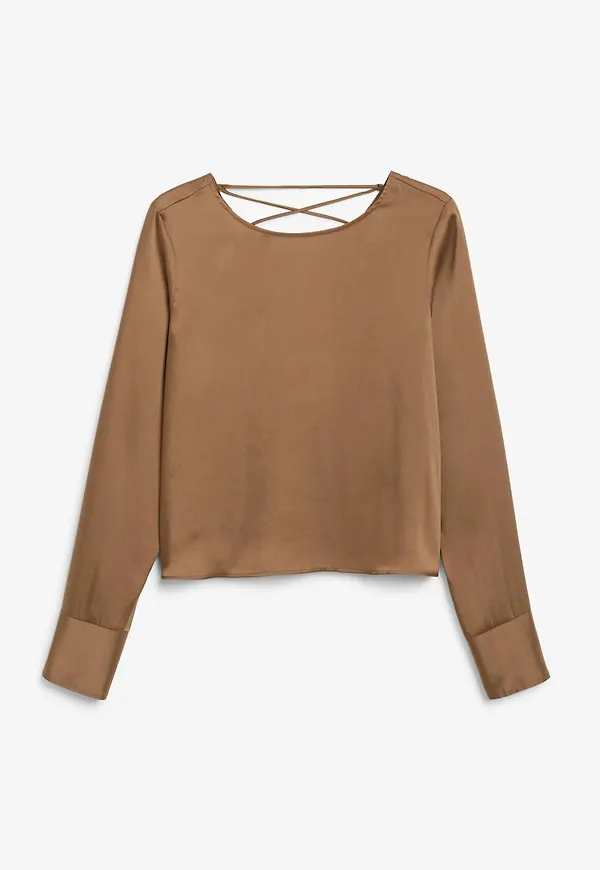 Tie back satin shirt - Beige