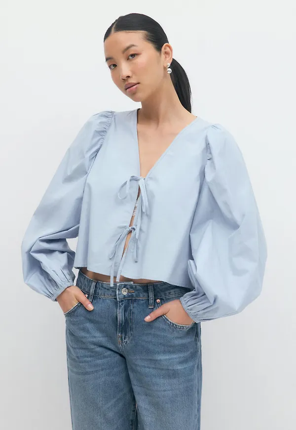 Gina Tricot - Tie blouse - blusar med puffärm - Blå - XS - Dam