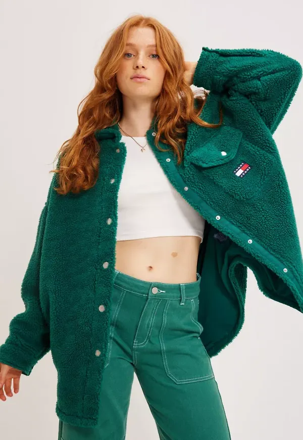 Tommy Jeans - Skjortor - Dark Green - Tjw Oversized Sherpa Overshirt - Blusar & Skjortor - shirts
