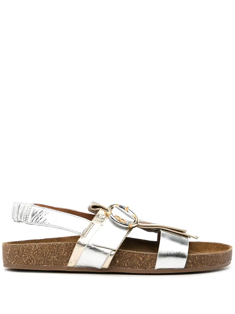 Tory Burch Kiltie lädersandaler med spänne - Silverfärgad