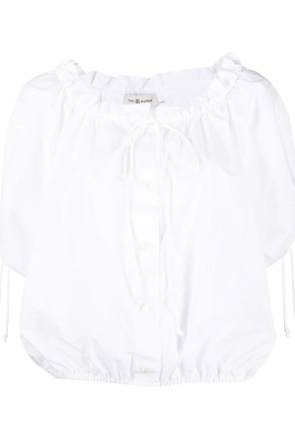 Tory Burch kortärmad blus med draperad detalj - Vit