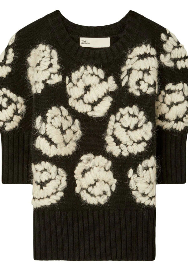 Tory Burch kortärmad tröja med rosbrodyr - Svart