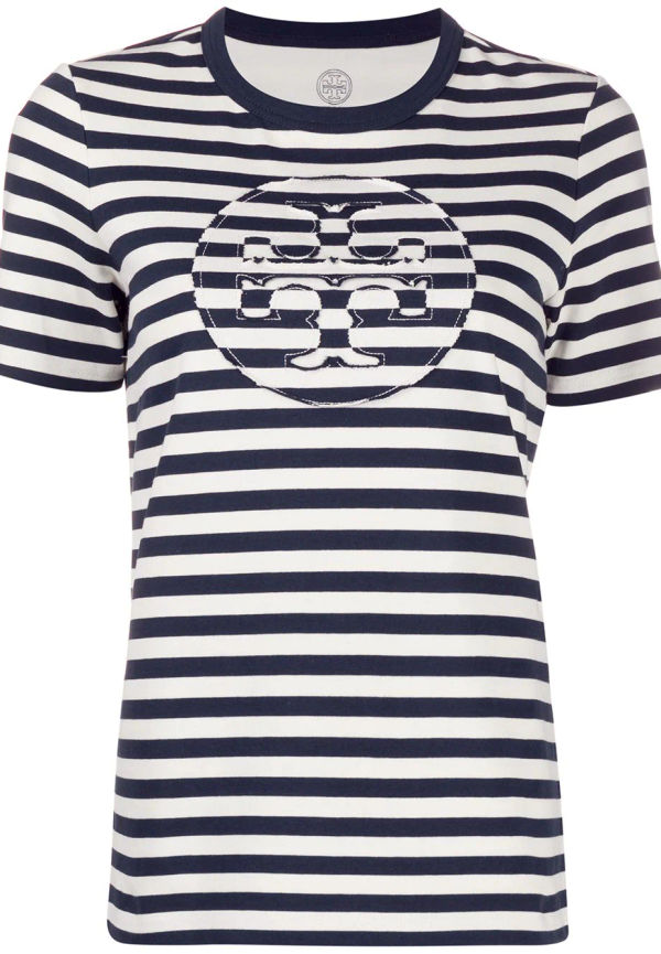 Tory Burch randig t-shirt med logotyp - Blå