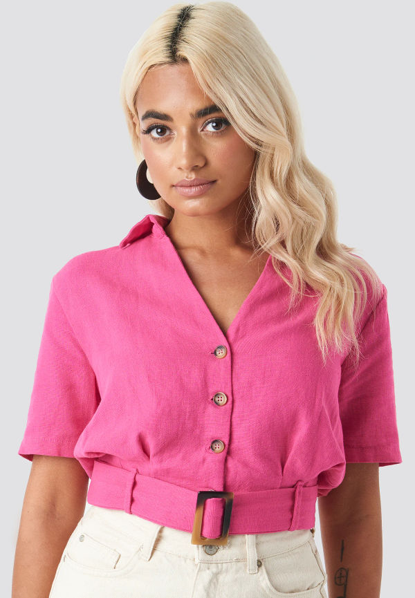 Trendyol Belt Detailed Linen Shirt - Pink