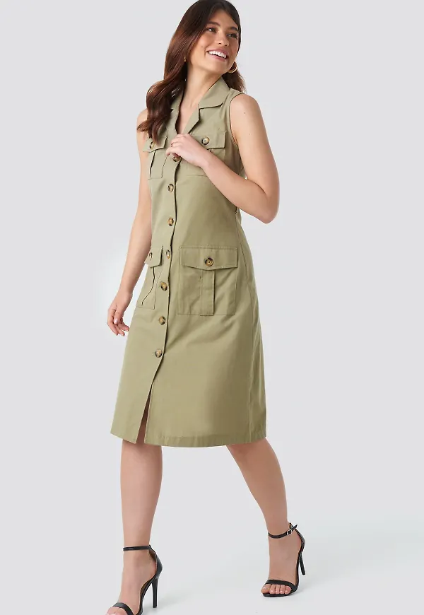 Trendyol Buttoned Linen Dress - Green