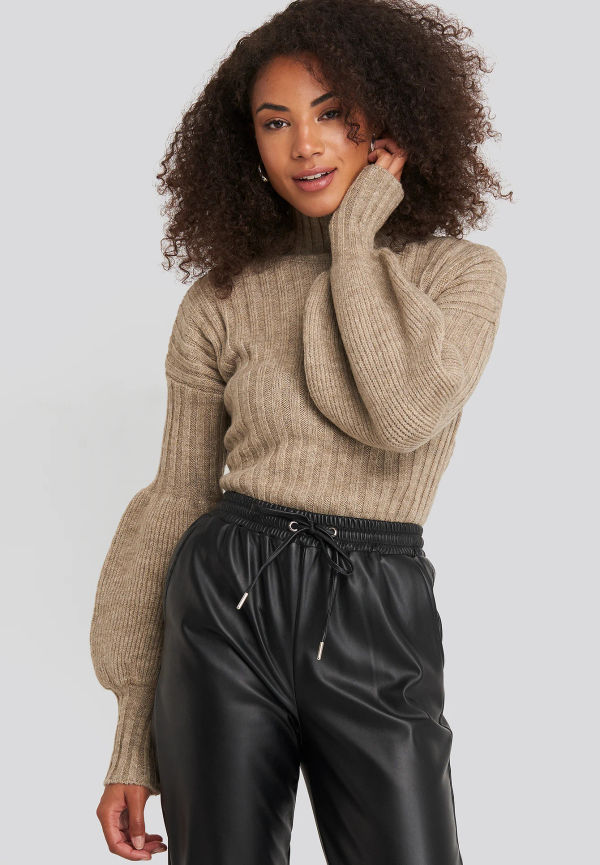 Trendyol High Neck Puff Sleeve Knitted Sweater - Brown