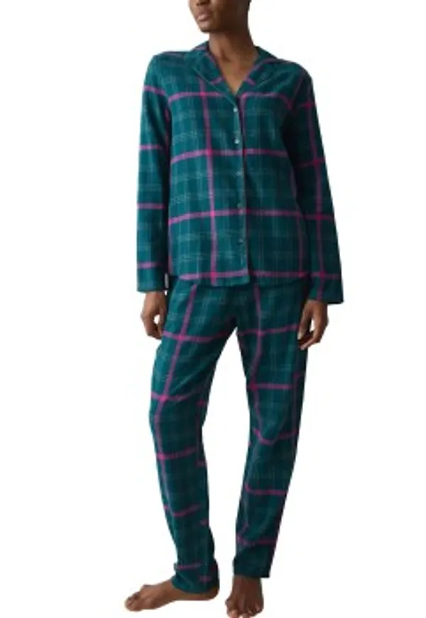 Triumph Boyfriend Long Sleeved Pyjama Set Grön/Rutig bomull 36 Dam
