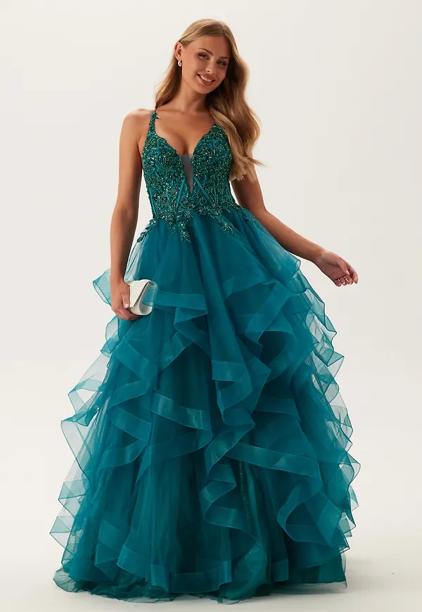Tulle Frill Evening Dress with Lacing