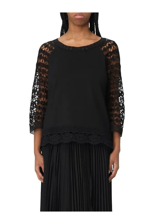 Twinset, Topp, Dam, XS, Svart Spetsstickad Topp