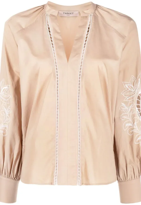 TWINSET v-ringad blus med brodyr - Neutral