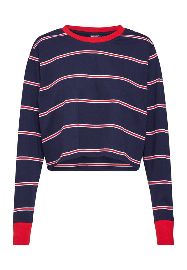 Urban Classics T-shirt 'Ladies Short Yarn Dyed Skate Stripe LS' mörkblå / röd