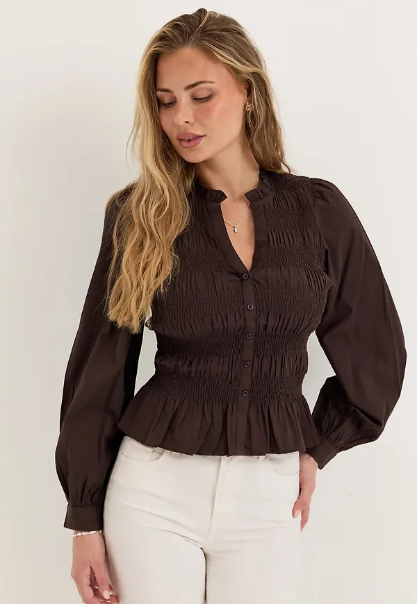 V-neck Cotton Smock Blouse