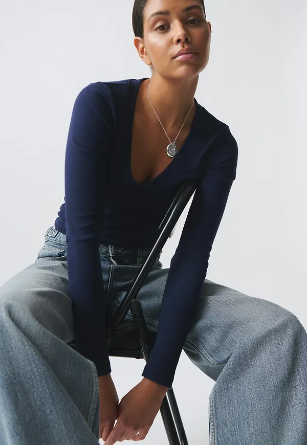 Gina Tricot - V-neck top - Långärmade toppar - Blå - XL - Dam