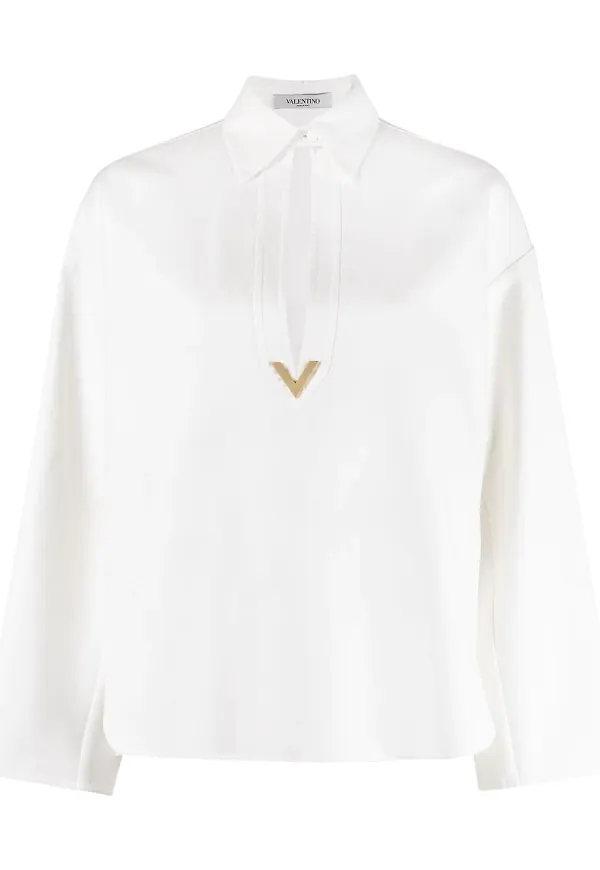 Valentino blus med hålmönstrad krage - Vit