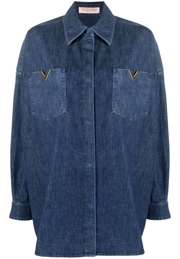 Valentino jeansskjorta med V-plakett - Blå