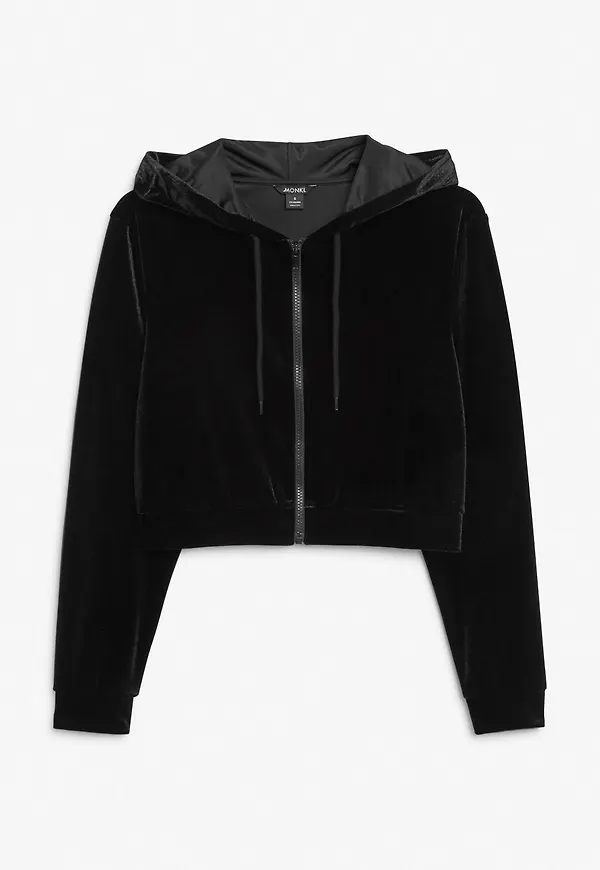 Velvet cropped zip-up hoodie - Black