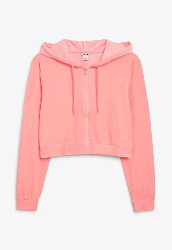 Velvet cropped zip-up hoodie - Pink