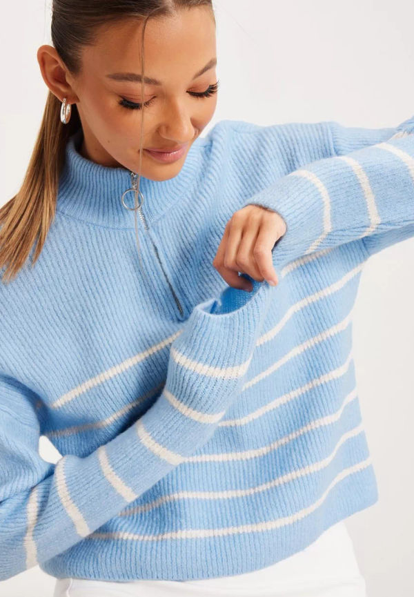 Vero Moda - Stickade tröjor - Blue Bell W. Birch Stripes - Vmolina Ls Highneck Zipper Blouse N - Tröjor - Knitted sweaters