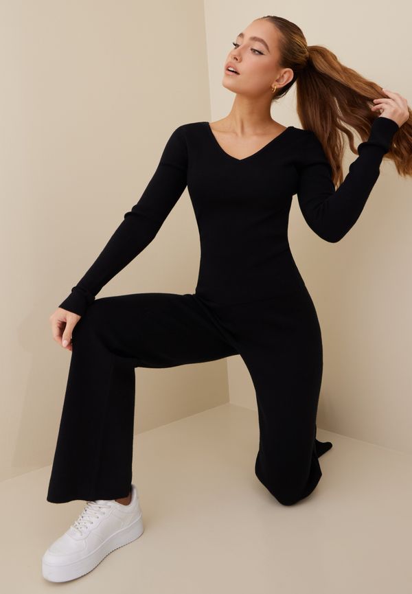Vero Moda - Tröjor - Black - Vmgold Rib Ls V-Neck Blouse Ga - Tröjor