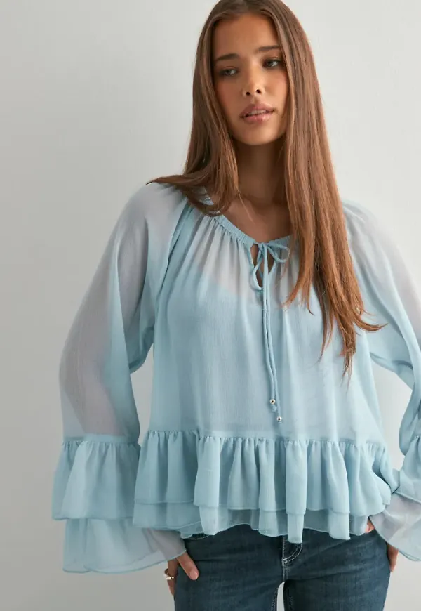 Vero Moda - Blå - Vmcamille Ls Frill Top Wvn Exp
