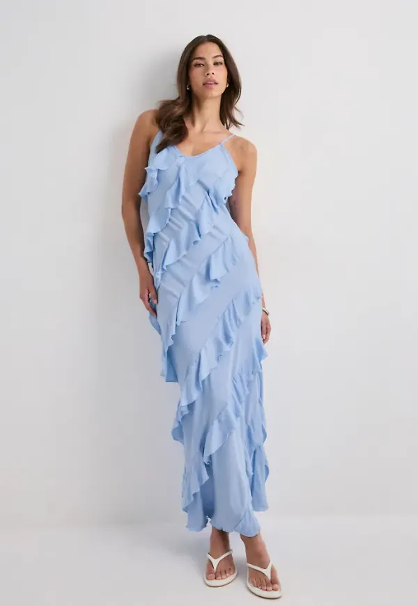 Vero Moda - Blå - Vmicelyn Sl Ruffle Maxi Dress Exp