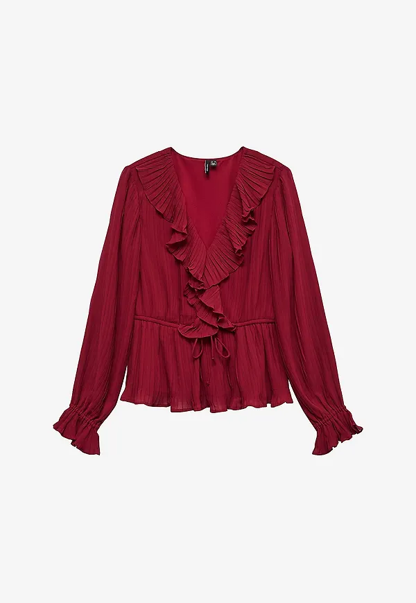 Vero Moda - Blus vmDora L/S Frill Pleat Top - Röd