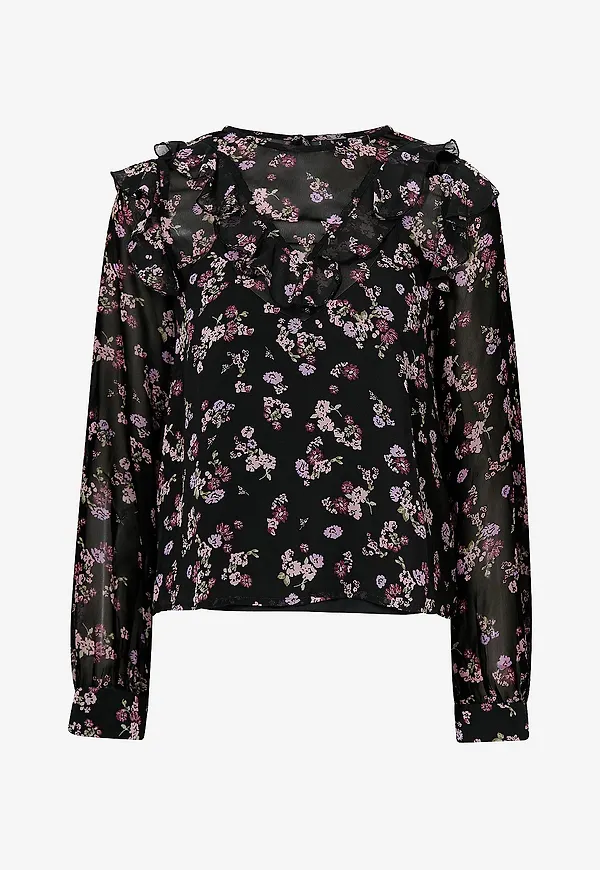 Vero Moda - Blus vmIda L/S Frill Top - Svart