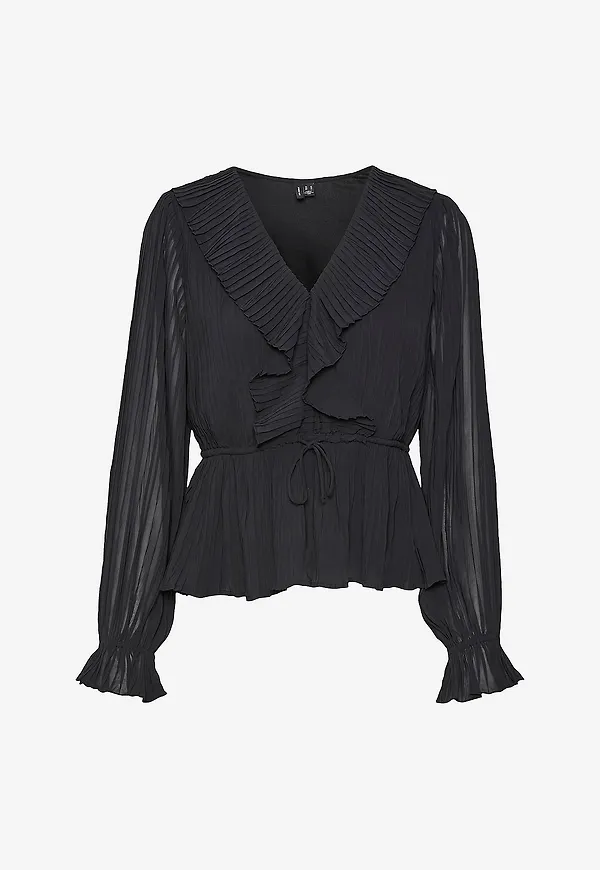 Vero Moda Curve - Blus Vmcdora L/S Frill Pleat Top Wvn Noo - Svart