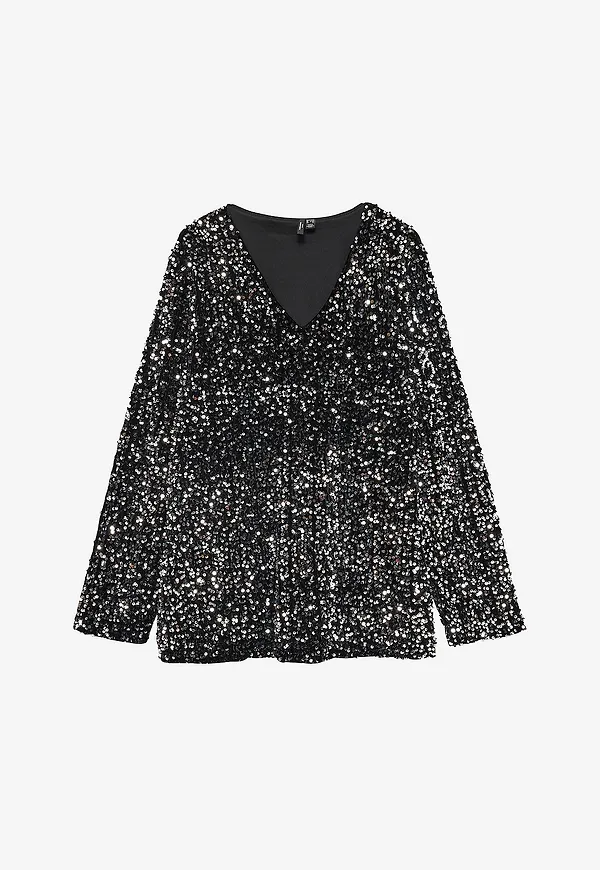 Vero Moda Curve - Paljettopp vmcBella LS V-neck - Svart