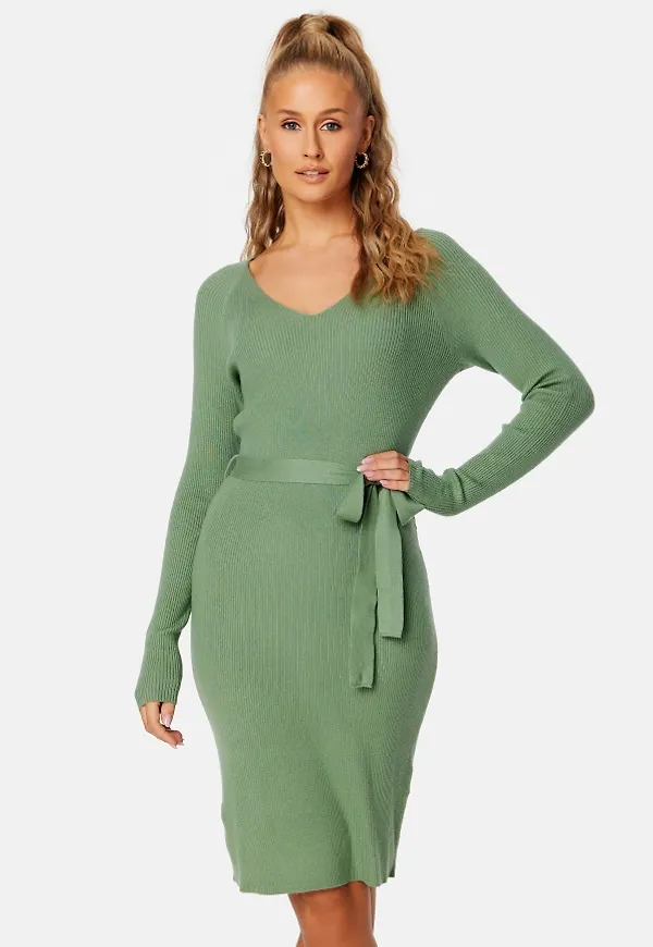 VERO MODA Gold Rib Belt Dress Loden Frost XS
