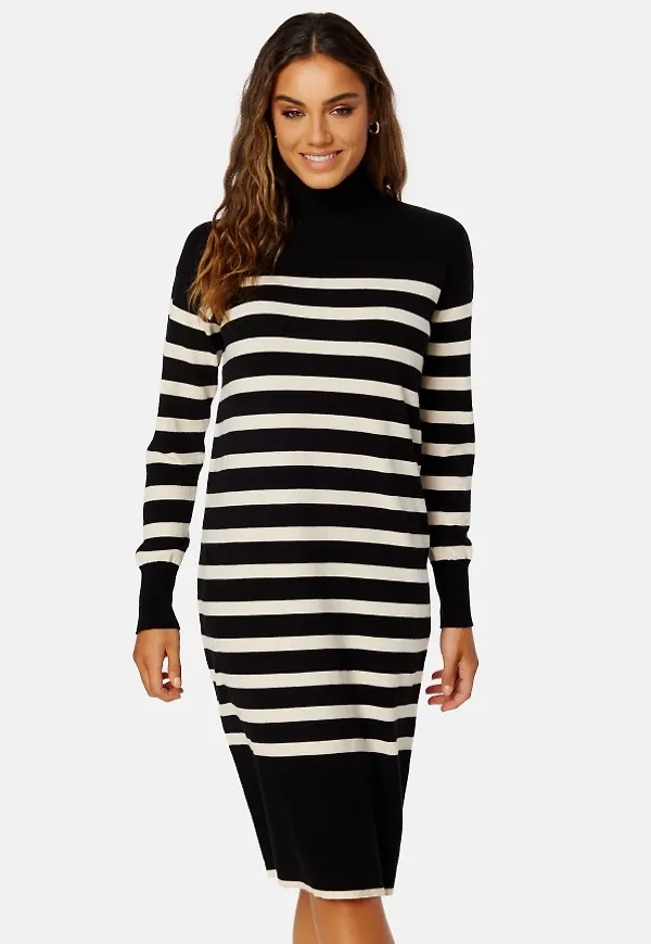 VERO MODA Happiness Below Knee Dress Black Stripes:W. BIR M