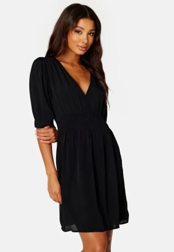 VERO MODA Lyla 2/4 V-Neck Smock Short Dress Black XS