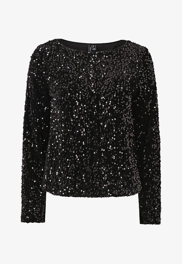 Vero Moda - Paljettopp vmBella LS Boat Neck Top - Svart