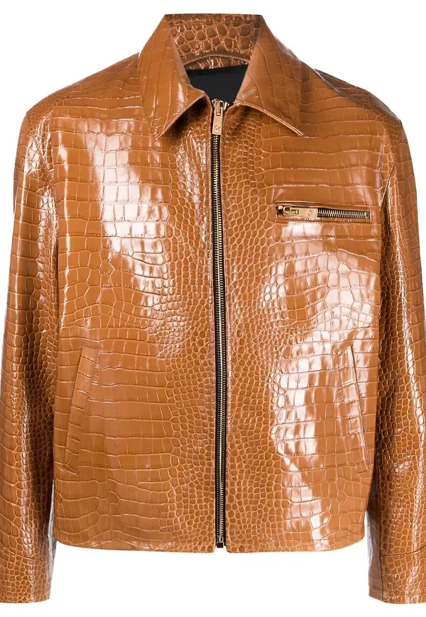 Versace bikerjacka med präglad krokodileffekt - Brun