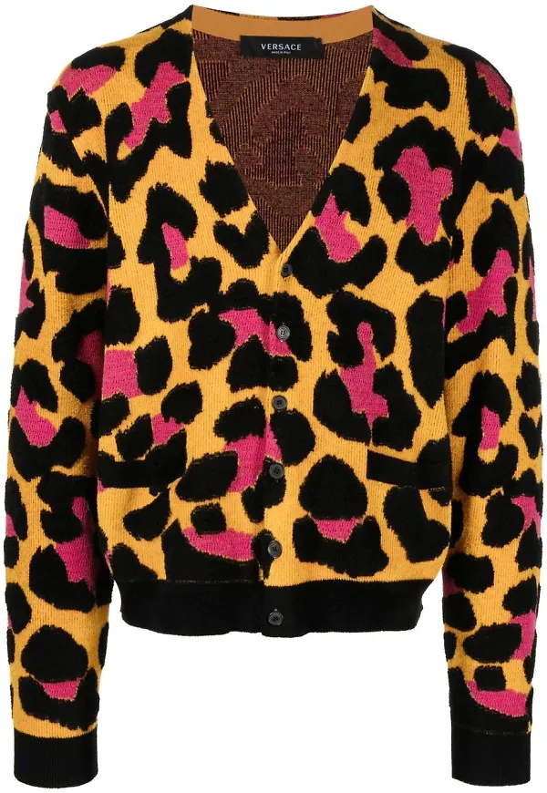 Versace leopardmönstrad v-ringad kofta - Svart