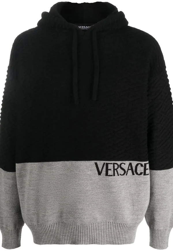 Versace stickad pullover-hoodie med panel - Svart