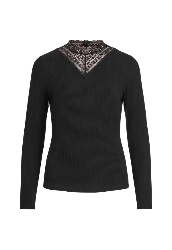 Vila - Topp viSolitta Rib Lace L/S Top - Svart