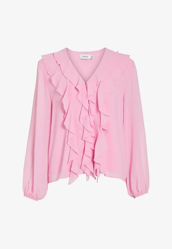 Vila - Blus viAne V-neck Frill - Rosa