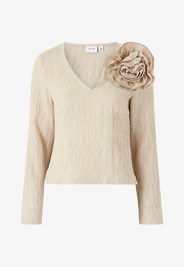 Vila - Blus viFlowery Short L/S V-neck Top - Beige