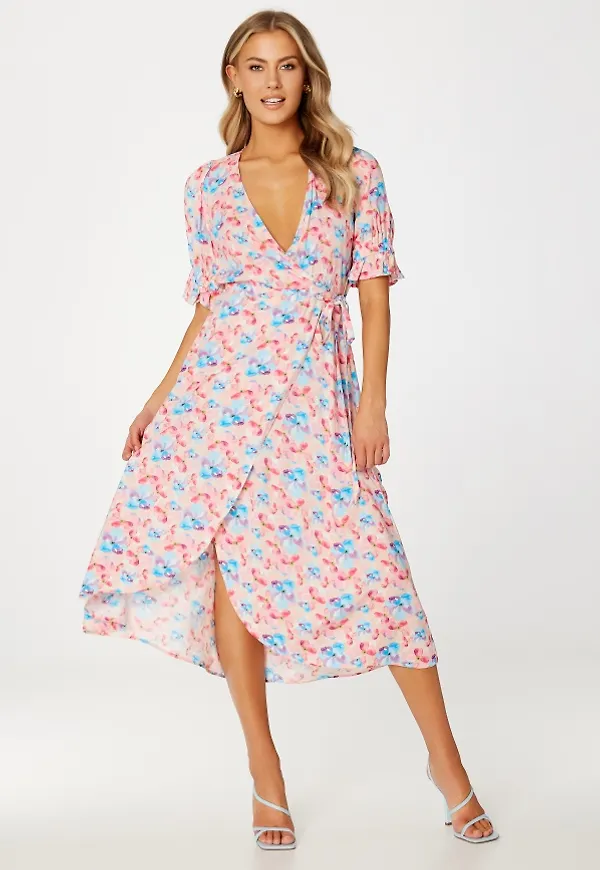 VILA Elegance S/S Wrap Dress Apricot Ice AOP: Wat 40