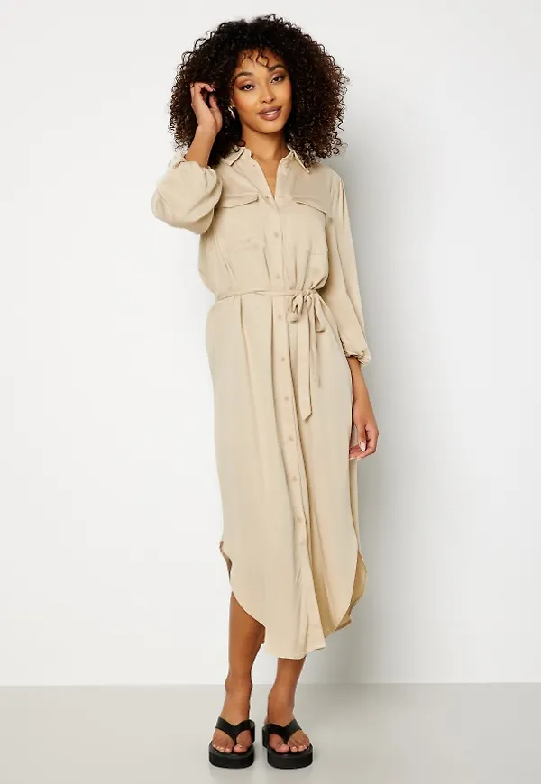 VILA Embrace 3/4 Puff Sleeve Midi Dress Cement 38