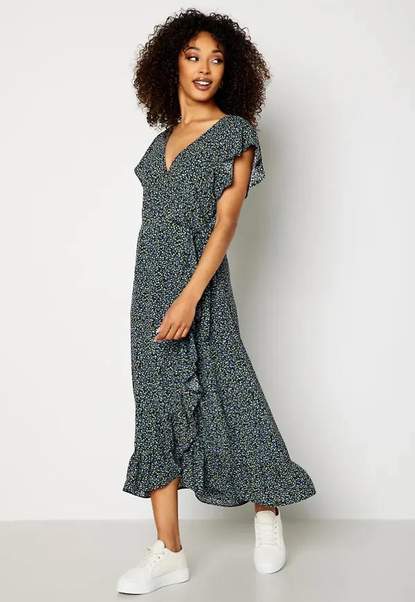 VILA Fini Wrap S/S Long Dress Black AOP:ALINI 40
