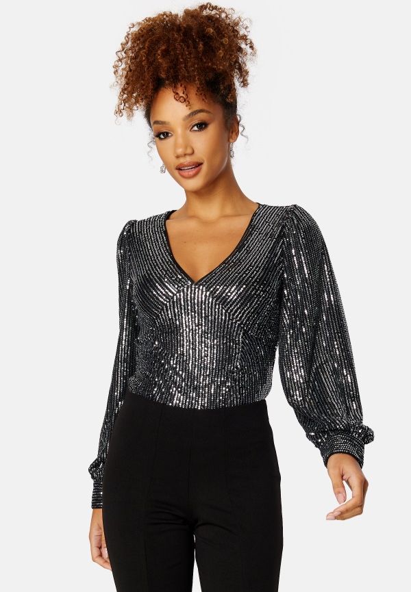 VILA Funkla L/S Sequin Top Black Silver Sequins 40