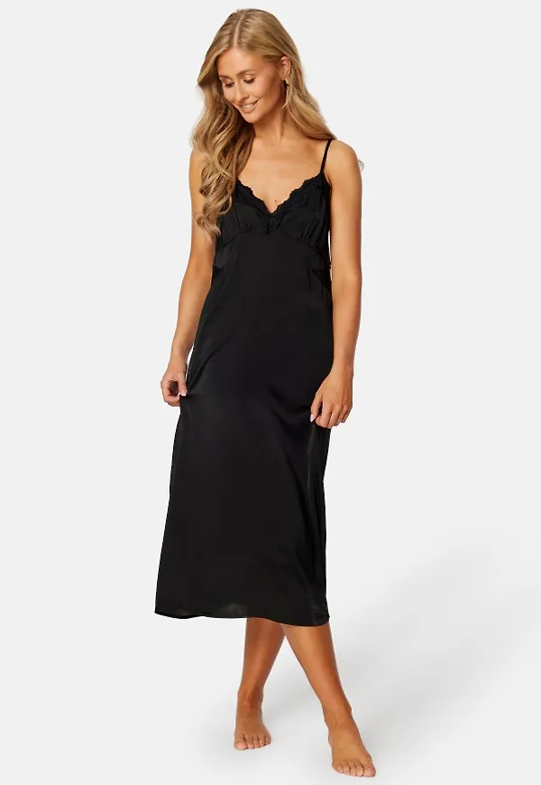 VILA Ghita S/L Satin Lace Nighgown Black L