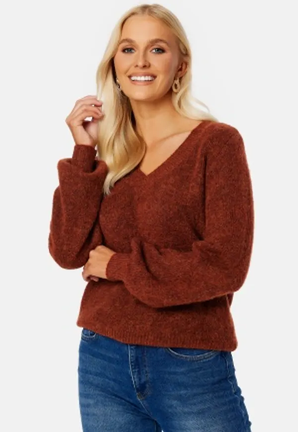 VILA Jamina Rev V-Neck L/S Knit Top Fired Brick Melange M