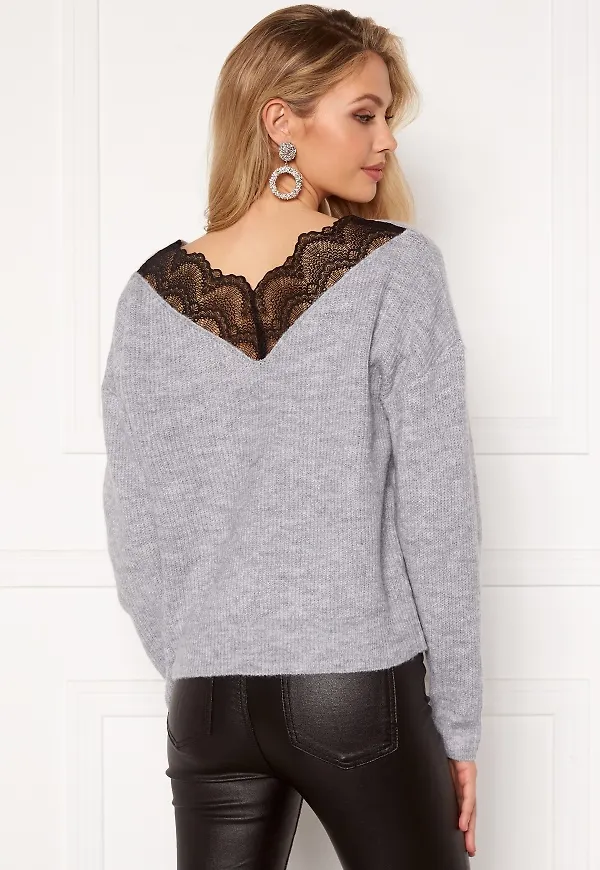 VILA Lala Lace Knit Top Light Grey Melange L