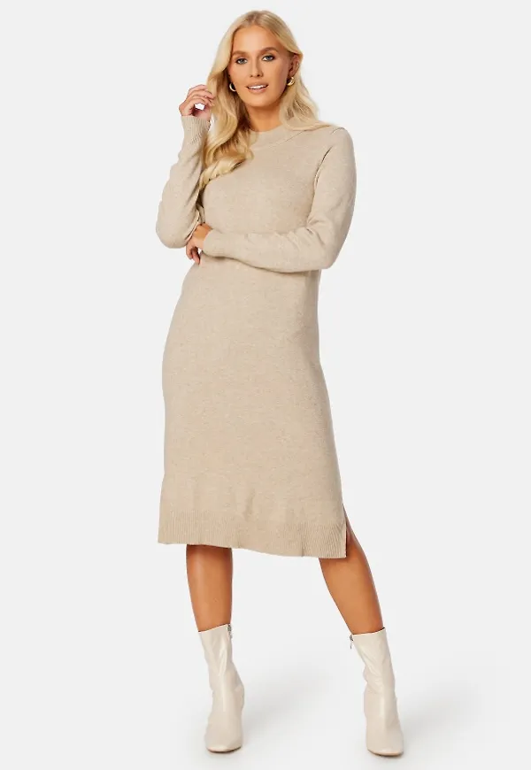 VILA Ril Crew Neck Midi Dress Natural Melange XS