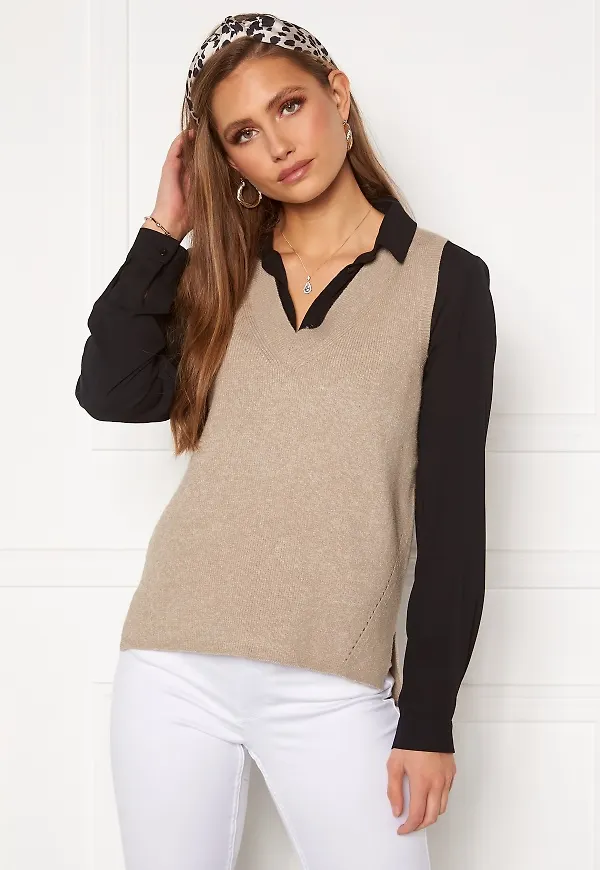VILA Ril Knit Rib V-Neck Vest Natural Melange XL